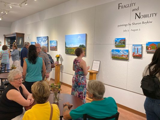 Exhibit Reception - This reception was for artist Sharon Boykiw's collection, "Fragility and Nobility." A Friday night wine and cheese event enjoyed by dozens. The Artists Hand produces an exhibit approximately once a month. Exhibit Reception - This reception was for artist Sharon Boykiw's collection, "Fragility and Nobility." A Friday night wine and cheese event enjoyed by dozens. The Artists Hand produces an exhibit approximately once a month.