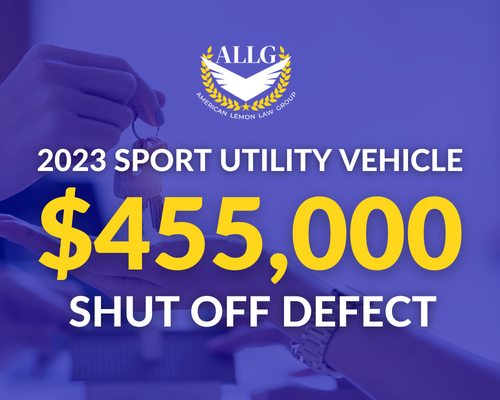 $455,000 Settlement for 2023 Sport Utility Vehicle - Our team secured a $455,000 settlement for a client facing a serious shut-off defect in their 2023 Sport Utility Vehicle. At American Lemon Law Group, we understand the dangers of vehicle malfunctions and fight tirelessly to ensure our clients receive the compensation they deserve. Let us put our expertise to work for you.