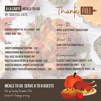 ThankFULL Thanksgiving Meals! - Have you made your Thanksgiving meal plans yet? Ours include:
Mashed Sweet Potatoes w a Pecan Streusel Topping
Crispy Cornbread Stuffing 
Roasted Green Beans w Pearl Onions
And of course, a to die for Smoked Turkey! 
But that’s just the beginning!
Check out all our day offerings at soulfulleatsjax.com/holiday-meals
Swipe for the full menu. Orders are due by 11/20!