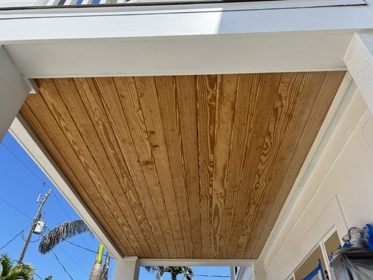 Wooden ceiling - spray painted - For this project, I spray-painted an exterior wooden ceiling, giving it a smooth and durable finish. The process began with surface preparation, where I patched nail holes to ensure a seamless look. After the repairs were complete, I applied a high-quality primer to seal the wood and enhance adhesion for the topcoat. Finally, I spray-applied the topcoat, achieving an even and professional finish that not only improved the ceiling’s appearance but also provided long-lasting protection against the elements. Wooden ceiling - spray painted - For this project, I spray-painted an exterior wooden ceiling, giving it a smooth and durable finish. The process began with surface preparation, where I patched nail holes to ensure a seamless look. After the repairs were complete, I applied a high-quality primer to seal the wood and enhance adhesion for the topcoat. Finally, I spray-applied the topcoat, achieving an even and professional finish that not only improved the ceiling’s appearance but also provided long-lasting protection against the elements.