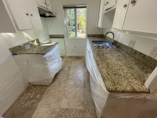Fullerton condo kitchen & granite countertops - Travertine damaged floors - kitchen and bathroom, dull granite countertops were restored to their original like beautiful shine and look by Titans natural stone skilled technicians. Owner was extremely happy and satisfied. Fullerton condo kitchen & granite countertops - Travertine damaged floors - kitchen and bathroom, dull granite countertops were restored to their original like beautiful shine and look by Titans natural stone skilled technicians. Owner was extremely happy and satisfied.
