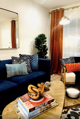 Santa Monica Condo - Absolutely loved creating this colorful MCM-inspired one bedroom condo for my client. The inspiration for this space came from my client’s beautiful blue velvet couch.