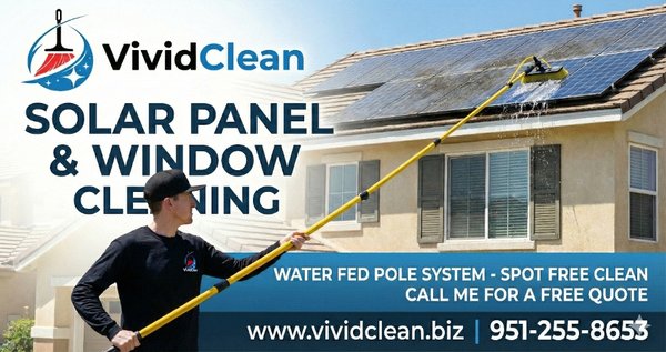 Exterior/Interior Window Cleaning and Solar Panel Cleaning - We are VividClean, a professional cleaning company that ofders spot free window and solar panel cleanings. We do exterior and interior window cleaning. With out water fed pole equipment we can get rid of calcium build up and and leave your windows with a spot free shine. We also are able to get all the dirt and grim that can build up on your solar panels, did you know that over time from dirt and grime you can you up to 25% Efficiency with your solar panels? so give us a call or text and let us give you a free quote today. Exterior/Interior Window Cleaning and Solar Panel Cleaning - We are VividClean, a professional cleaning company that ofders spot free window and solar panel cleanings. We do exterior and interior window cleaning. With out water fed pole equipment we can get rid of calcium build up and and leave your windows with a spot free shine. We also are able to get all the dirt and grim that can build up on your solar panels, did you know that over time from dirt and grime you can you up to 25% Efficiency with your solar panels? so give us a call or text and let us give you a free quote today.