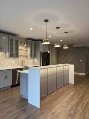 Finished basement, North Laurel, MD. 2024 - Fully finished over 2000 sq ft basement with custom wet bar, built-in, home gym, bedroom, office, custom bathroom with marble tile.Accent wall, frameless glass door and pocket door