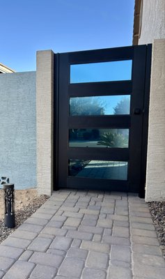 Aluminum Side Gates with electronic key pad - At Radiant Wall we specialize in bringing your vision to life! Whether it is a sliding glass door, or a privacy gate, we can help. Reach out to get your $100 off your next project.