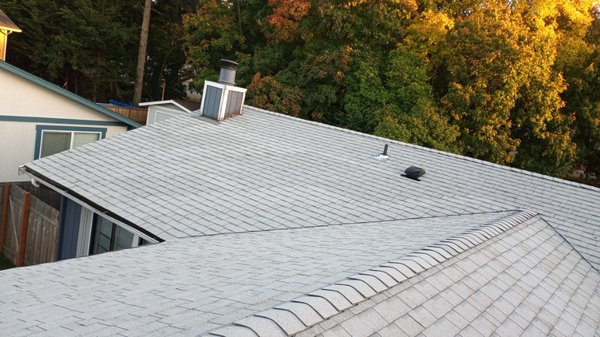 before and after. Re-roof. - Complete tear off of old composition. That needed some replacement decking. And complete install of this beautiful quarry grey composition shingle. before and after. Re-roof. - Complete tear off of old composition. That needed some replacement decking. And complete install of this beautiful quarry grey composition shingle.
