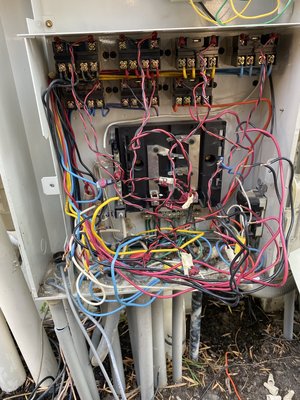 Automation panel replacement. - Breaker bus bar in this panel was fried due to bad connections. Dropped a new panel in place and re wired everything. Automation panel replacement. - Breaker bus bar in this panel was fried due to bad connections. Dropped a new panel in place and re wired everything.