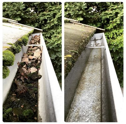 Gutter Cleaning before/after - We always remove all debris off the roof and roof valleys. We finish every gutter job by flushing out all of your gutters to make sure they are all flowing properly! (See Pics) Gutter Cleaning before/after - We always remove all debris off the roof and roof valleys. We finish every gutter job by flushing out all of your gutters to make sure they are all flowing properly! (See Pics)