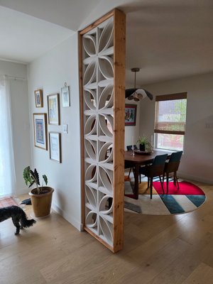 Custom designed breeze block artwork installation in Onion Creek￼ - Customer wanted to incorporate these breeze blocks in a room divider so I custom designed a shadowbox and installation technique to go with her interior ￼