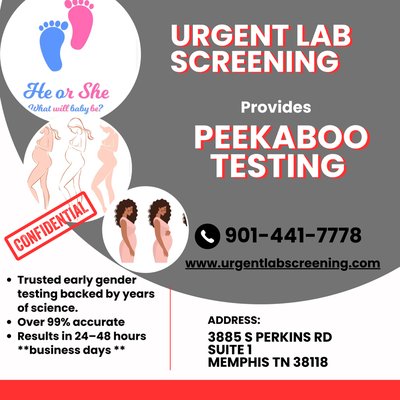 Early Gender Reveal - Urgent Lab Screening offer early gender reveal known as Peekaboo testing . Know the gender of your baby as early as 7 weeks. Early Gender Reveal - Urgent Lab Screening offer early gender reveal known as Peekaboo testing . Know the gender of your baby as early as 7 weeks.