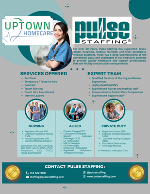 Home Health - Uptown Homecare offers full-service home health and private-duty care in your home or the hospital.
Companion Services:
Meal preparation & clean up
Accompany to doctor visits
Companionship
Medication reminders
Grocery shopping
Assistance with errands
Play cards/games
Outdoor activities and walks
Mail bills/letters
Homemaking Services:
Light housekeeping
Laundry & linen changes
Vacuum, sweep & mop
Make beds
Drop off & pick up cleaning
Dust furniture
Organize closets & cupboards
Empty trash
Monitoring home safety
Clean bathroom, kitchen
Care Coordination:
Coordination of other home services
Updates to physician and family as requested
Communication with other health care providers
Periodic review of needs/services
Teaching independent living strategies
Coordination with home health or hospice provider
Personal Care Services (HHA/CNA):
Personal hygiene assistance
Routine transfer assistance
Bathing/shower assistance
Assistance with nutrition & eating
Assistance with exercise
Help with bathroom use
Skin care/nail care/shaving
Assist with walking/mobility
Clothing selection & dressing
Grooming Assistance
Medication Reminders
Engages in activities: games/reading
Nursing Services (RN, LVN):
Medication management
Wound care
Pressure sore care
Monitoring chronic conditions
Nutritional support
Implementing physicians' orders
Supervision of caregivers
Other skilled care Home Health - Uptown Homecare offers full-service home health and private-duty care in your home or the hospital.
Companion Services:
Meal preparation & clean up
Accompany to doctor visits
Companionship
Medication reminders
Grocery shopping
Assistance with errands
Play cards/games
Outdoor activities and walks
Mail bills/letters
Homemaking Services:
Light housekeeping
Laundry & linen changes
Vacuum, sweep & mop
Make beds
Drop off & pick up cleaning
Dust furniture
Organize closets & cupboards
Empty trash
Monitoring home safety
Clean bathroom, kitchen
Care Coordination:
Coordination of other home services
Updates to physician and family as requested
Communication with other health care providers
Periodic review of needs/services
Teaching independent living strategies
Coordination with home health or hospice provider
Personal Care Services (HHA/CNA):
Personal hygiene assistance
Routine transfer assistance
Bathing/shower assistance
Assistance with nutrition & eating
Assistance with exercise
Help with bathroom use
Skin care/nail care/shaving
Assist with walking/mobility
Clothing selection & dressing
Grooming Assistance
Medication Reminders
Engages in activities: games/reading
Nursing Services (RN, LVN):
Medication management
Wound care
Pressure sore care
Monitoring chronic conditions
Nutritional support
Implementing physicians' orders
Supervision of caregivers
Other skilled care