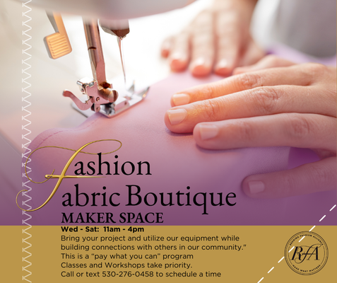 Maker Space - Bring your project and utilize our facility while building connections with like-minded creatives.
Wednesday - Saturday Maker Space
11am - 2pm
Day use is available based on equipment availability, with workshops and classes taking priority
Call ahead to arrange times and equipment needed: 530-215-1350
This program is 'pay-what-you-can'
We greatly appreciate your donations Maker Space - Bring your project and utilize our facility while building connections with like-minded creatives.
Wednesday - Saturday Maker Space
11am - 2pm
Day use is available based on equipment availability, with workshops and classes taking priority
Call ahead to arrange times and equipment needed: 530-215-1350
This program is 'pay-what-you-can'
We greatly appreciate your donations