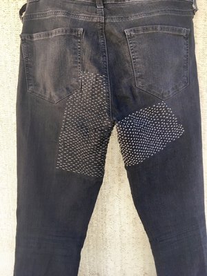 Sashiko Repair - A full crotch repair and reinforcement, using visible, sashiko stitching Sashiko Repair - A full crotch repair and reinforcement, using visible, sashiko stitching