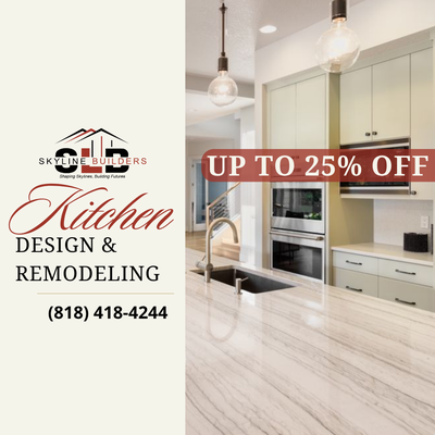 Kitchen Design & Remodeling – Up to 25% Off! - Skyline Builders in North Hollywood offers expert kitchen design and remodeling services. Take advantage of our limited-time offer: up to 25% off on your kitchen renovation project. Transform your kitchen into a beautiful and functional space. Contact us today to schedule your free consultation and start your kitchen transformation!