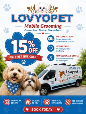 15% off first time client. - 🐾 New Client Special! Enjoy 15% OFF your first grooming appointment with LovYoPet Mobile Grooming. Professional, convenient, and stress-free grooming right at your doorstep. Book today! 15% off first time client. - 🐾 New Client Special! Enjoy 15% OFF your first grooming appointment with LovYoPet Mobile Grooming. Professional, convenient, and stress-free grooming right at your doorstep. Book today!