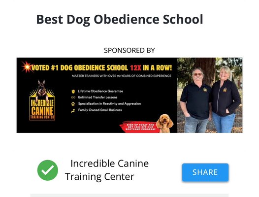 Obedience Training Transformation - 📍 Voted #1 Dog Obedience School 12 Years in a Row!
At Incredible Canine Training Center, we specialize in transforming dogs of all breeds and behaviors — from basic obedience to advanced reactivity and aggression training. With over 90 years of combined experience, our family-owned team offers:
✅ Lifetime Obedience Guarantee
✅ Unlimited Transfer Lessons
✅ Expert Behavior Modification
✅ Personalized Training Plans
✅ Board & Train Bootcamp Available
Whether you're raising a puppy or dealing with difficult behaviors, we're here to help your dog become the best version of themselves.
📞 Call now or message us on Yelp to schedule your free consultation! Obedience Training Transformation - 📍 Voted #1 Dog Obedience School 12 Years in a Row!
At Incredible Canine Training Center, we specialize in transforming dogs of all breeds and behaviors — from basic obedience to advanced reactivity and aggression training. With over 90 years of combined experience, our family-owned team offers:
✅ Lifetime Obedience Guarantee
✅ Unlimited Transfer Lessons
✅ Expert Behavior Modification
✅ Personalized Training Plans
✅ Board & Train Bootcamp Available
Whether you're raising a puppy or dealing with difficult behaviors, we're here to help your dog become the best version of themselves.
📞 Call now or message us on Yelp to schedule your free consultation!