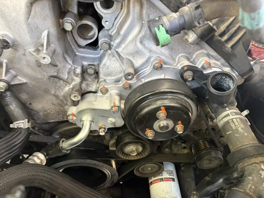 2019 Ford EccoBoost 3.5 liter thermostat housing/water pump change - due to constant leak - Leaking thermostat housing and water pump replacement. Quoted an insane amount by dealership to repair - replaced broken parts with lifetime guaranteed parts* (with receipts) for a fraction of the price.
