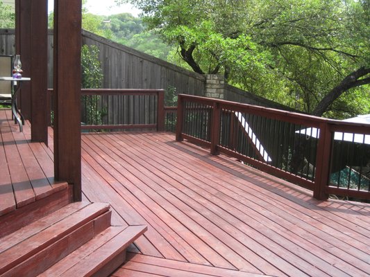 Exterior Patio Deck Staining and Refinish - This 5 year old exterior deck has been weathered and beaten down by the Texas sun. We washed, sanded and added a solid body deck product to enhance and protect the flooring for years to come. We expect our process to outlast any other decking applications. Exterior Patio Deck Staining and Refinish - This 5 year old exterior deck has been weathered and beaten down by the Texas sun. We washed, sanded and added a solid body deck product to enhance and protect the flooring for years to come. We expect our process to outlast any other decking applications.