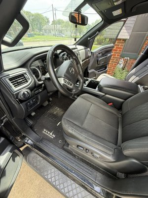 Nissan Titan interior makeover - This Titan needed a deep interior detail with a lot of dog hair and sand from a past beach trip which was a challenging job since there was an intense amount of dog hair embedded on the upholstery and carpet. However , with my equipment and thorough deep cleaning, vacuuming , steam cleaning, and brushing I was able to make the vehicle look like new again. This is one of my favorite projects so far. Nissan Titan interior makeover - This Titan needed a deep interior detail with a lot of dog hair and sand from a past beach trip which was a challenging job since there was an intense amount of dog hair embedded on the upholstery and carpet. However , with my equipment and thorough deep cleaning, vacuuming , steam cleaning, and brushing I was able to make the vehicle look like new again. This is one of my favorite projects so far.