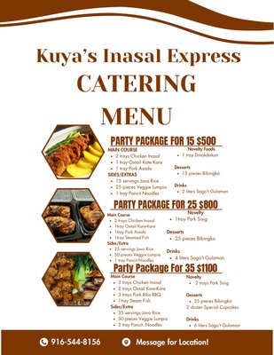 Our Catering Menu - "Elevate Your Celebrations with Kuya’s Inasal Express Catering! Savor authentic Filipino flavors, generous party packages, and unforgettable moments—perfect for every occasion. Book now and let us serve happiness on a plate!" Our Catering Menu - "Elevate Your Celebrations with Kuya’s Inasal Express Catering! Savor authentic Filipino flavors, generous party packages, and unforgettable moments—perfect for every occasion. Book now and let us serve happiness on a plate!"