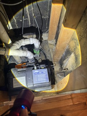 New battery back up sump pump system - This was installed Sunday afternoon after the pump had busted at the check valve damaging the floor and surrounding walls in basement after discussing with owner telling them that I could just replace the check valve to fix issue they wanted to do the whole pump system to give them ease of mind New battery back up sump pump system - This was installed Sunday afternoon after the pump had busted at the check valve damaging the floor and surrounding walls in basement after discussing with owner telling them that I could just replace the check valve to fix issue they wanted to do the whole pump system to give them ease of mind