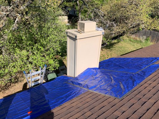 Trim Boards - Had rotten cedar boards on top of chimney under the chase. We replaced with new cedar boards than we sealed and painted them.