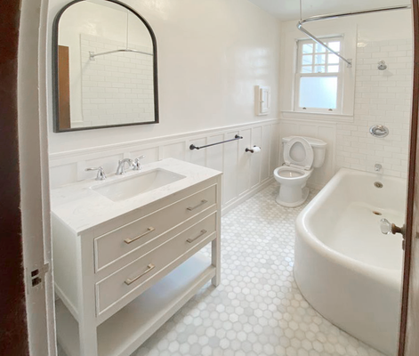 Bathroom Remodel 2021 - This job was preformed in a historic neighboorhood of San Francisco. The client wanted a modern update but with a classic look true to the area. This client designed the entire look including the Waynes coating. Very fun project indeed.