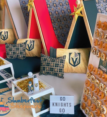 Golden Knights - Slumberfest Sleepovers’ sport theme is the perfect way to celebrate any sport obsession!
Support our Vegas Born Golden Knights by having a Hockey Slumberfest Sleepover! Book online through our website and select Our Signature Slumberfest Sleepover Package.
* All packages include *
- Colorful Themed Tents with Magical Twinkly Lights
- Super Comfy Premium Memory Foam Twin Mattresses
- Comfy Sheets and Blankets
- Decorative Pillows*
- Decorated Tray Tables with Novelty Lights
* Please note: Sleeping Pillows are not provided for hygiene reasons*
* Delivery *
- Currently serving the Las Vegas area. Local delivery, set up, styling and take down is included.
- Additional $75 fee for high rise or hotel set up.
Book your next party online at www.SlumberfestSleepovers.com
Or give us a call at 725-208-9521 Golden Knights - Slumberfest Sleepovers’ sport theme is the perfect way to celebrate any sport obsession!
Support our Vegas Born Golden Knights by having a Hockey Slumberfest Sleepover! Book online through our website and select Our Signature Slumberfest Sleepover Package.
* All packages include *
- Colorful Themed Tents with Magical Twinkly Lights
- Super Comfy Premium Memory Foam Twin Mattresses
- Comfy Sheets and Blankets
- Decorative Pillows*
- Decorated Tray Tables with Novelty Lights
* Please note: Sleeping Pillows are not provided for hygiene reasons*
* Delivery *
- Currently serving the Las Vegas area. Local delivery, set up, styling and take down is included.
- Additional $75 fee for high rise or hotel set up.
Book your next party online at www.SlumberfestSleepovers.com
Or give us a call at 725-208-9521