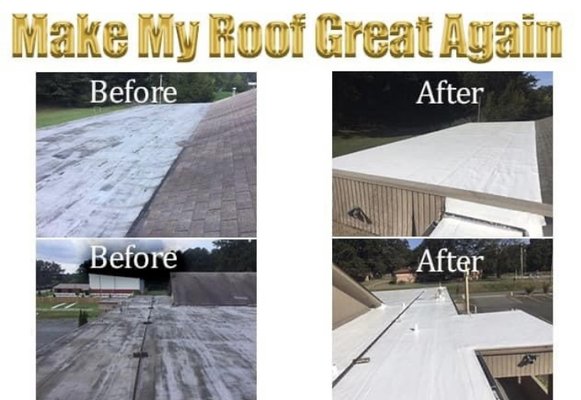 Before/After - Keeping our Clients Happy! - Let's take that old flat patio roof and repair it then by putting a good heavy coat of white elastomeric roof coating on it! Call today for a free estimate! Before/After - Keeping our Clients Happy! - Let's take that old flat patio roof and repair it then by putting a good heavy coat of white elastomeric roof coating on it! Call today for a free estimate!