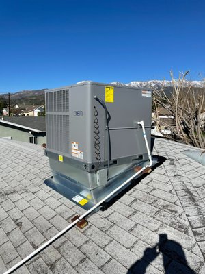 Heating/Cooling System From Scratch! - This installation was for a home in Yucaipa whose only source of heat was a floor heater from 1975! No cooling capabilities whatsoever throughout the home. The homeowner decided it was time to add central A/C, and decided on a heat pump (electric) system. We worked with the customer to decide where they wanted their new ducts to be ran, and which parts of each room would be most efficient. Once mapped out, we installed our grills throughout the home, installed the curb on the roof for the new system to rest on, installed our ducts and ran them to their respected rooms, and ran electrical for the system and its thermostat. All done in a single day while the homeowner handled some errands!