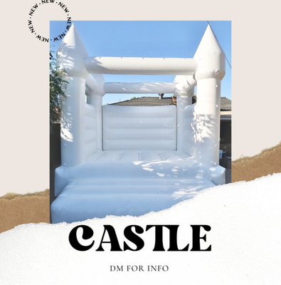CASTLE - Meet ⚡️Castle✨ Large, soft white bounce house with the traditional cone corner towers. Size 14ft x 16ft x 15ft, with wide open entrance, for more visual to supervise our kids that play inside. You have the option to keep the shade off, or on during a sunny day. Castle will come with x4 stakes on ground soil or x4 50lbs sandbag on hard surface, and 1HP blower. CASTLE - Meet ⚡️Castle✨ Large, soft white bounce house with the traditional cone corner towers. Size 14ft x 16ft x 15ft, with wide open entrance, for more visual to supervise our kids that play inside. You have the option to keep the shade off, or on during a sunny day. Castle will come with x4 stakes on ground soil or x4 50lbs sandbag on hard surface, and 1HP blower.