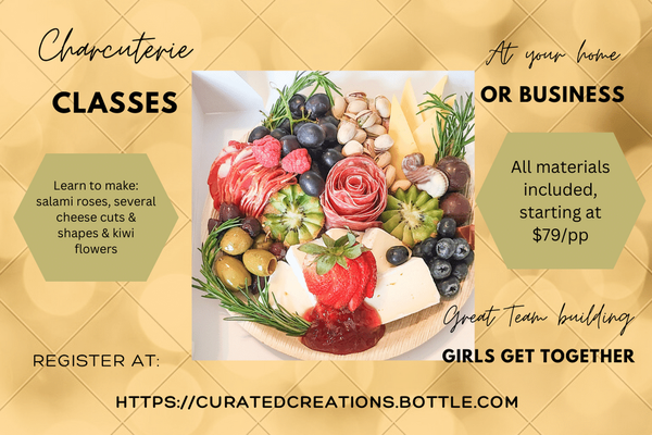 Private Charcuterie Classes - Grab some friends, team building, Girls Night Out private charcuterie class. I will teach you how to make a 9" round platter with salami rose, prosciutto ribbons, kiwi flower, several cheese cuts and shapes, strawberry shapes & more. All materials and ingredients are included. All ingredients are fresh and seasonal. Private Charcuterie Classes - Grab some friends, team building, Girls Night Out private charcuterie class. I will teach you how to make a 9" round platter with salami rose, prosciutto ribbons, kiwi flower, several cheese cuts and shapes, strawberry shapes & more. All materials and ingredients are included. All ingredients are fresh and seasonal.