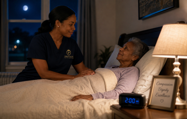 Overnight Care - At Prestige Elite Living LLC, we provide compassionate overnight care to ensure your loved one is safe, comfortable, and never alone. Whether they need assistance during the night, help with mobility, medication reminders, or simply the reassurance of having someone nearby, our dedicated caregivers are there when it matters most.

✨ Overnight Care Services Include:
• Safety monitoring
• Assistance with nighttime routines
• Bathroom and mobility support
• Medication reminders
• Companionship and peace of mind
• Emergency response assistance

CALL US TODAY to discuss your Needs.