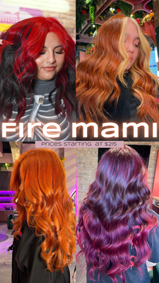 Fire Mami - Are you ready to be a Fire Mami 🔥? This service is our transformation from DARK hair (box colored, professionally colored dark, a lot of color build up) to any shade of red! That includes red, copper, burgundy, wine, merlot, cowboy copper, & firey copper! In this appointment we will be lightening all of your hair with lightener first to get you light enough to apply your preferred red hair tone! We include our K18 treatment as well to ensure your hair stays healthy throughout this transformation! Fire Mami - Are you ready to be a Fire Mami 🔥? This service is our transformation from DARK hair (box colored, professionally colored dark, a lot of color build up) to any shade of red! That includes red, copper, burgundy, wine, merlot, cowboy copper, & firey copper! In this appointment we will be lightening all of your hair with lightener first to get you light enough to apply your preferred red hair tone! We include our K18 treatment as well to ensure your hair stays healthy throughout this transformation!