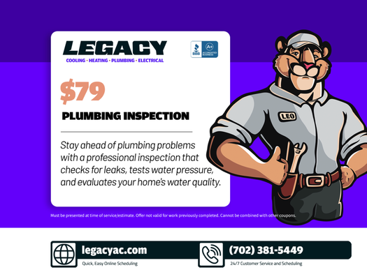 $79 plumbing inspection - Stay ahead of plumbing problems with a professional inspection that checks for leaks, tests water pressure, and evaluates your home's water quality. $79 plumbing inspection - Stay ahead of plumbing problems with a professional inspection that checks for leaks, tests water pressure, and evaluates your home's water quality.